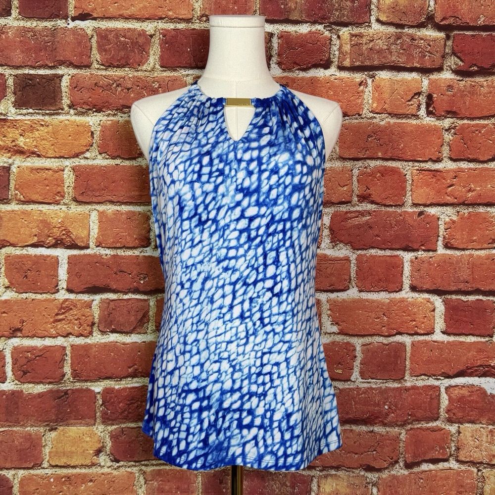 Michael Kors Women's Floral‎ Sleeveless Top Blue White Keyhole Size Small